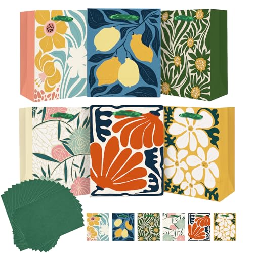 qiqee 7.9"x4.3"x9.6" 6PCS Clash Flowers Paper Gift Bags with Tissue Paper Handles Medium Size Bags（ Tissue Paper ）