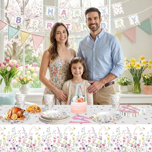 170 Pcs Spring Flower Birthday Party Decorations Sets, Includes Happy Birthday Banner, Floral Plates, Napkins, Cups, Plast...