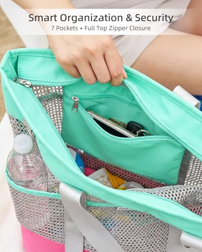 BOXNIEN Large Mesh Beach Bag for Women - 28L Oversized Foldable Tote with Waterproof Sandproof Bottom plus Zipper and 7 Po...