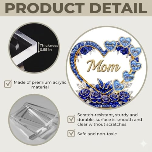 LOVELYPOD Custom Mom Heart With Crystal Roses 2D Acrylic Plaque, Personalized Grandma Plaque with Grandkid Names, Mama Gif...