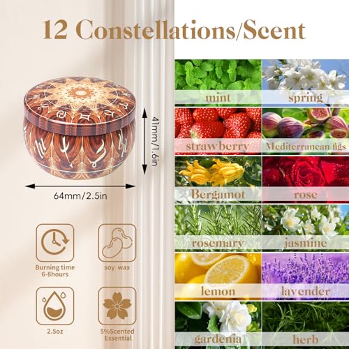 Zodiac Scented Candles Gift Set, 12 Pack Travel Size Soy Wax Aromatherapy Candles with Essential Oils, Astrology Constella...