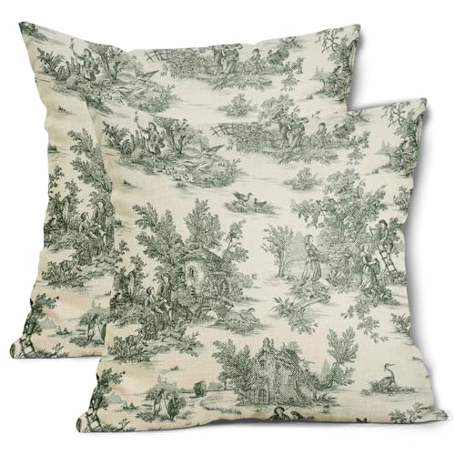 Green Toile Pillow Covers 18x18 Inch Set of 2 Olive and Beige French Country Cotton Linen Decorative Throw Pillow Case Cot...