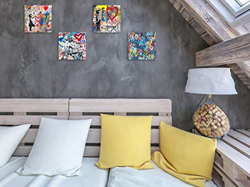 Biufo Banksy Canvas Wall Art Prints Pop Graffiti Street Art Pictures for Bedroom Living Room Wall Decor (12"x12"x4Pcs)