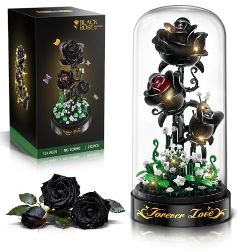 HiWEEGO Flower Building Set with LED Light - 232 PCS Black Rose Building Blocks Kit with Dust Cover, Gift for Mothers Day ...
