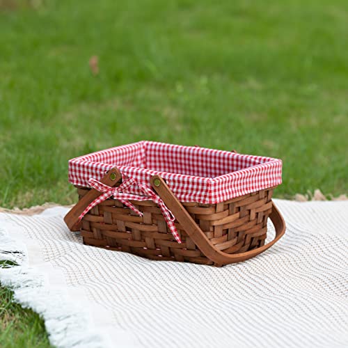 Wickerwise Small Rectangular Woodchip Picnic Baskets with Double Folding Handles, Natural Hand-Woven Basket Lined with Gin...