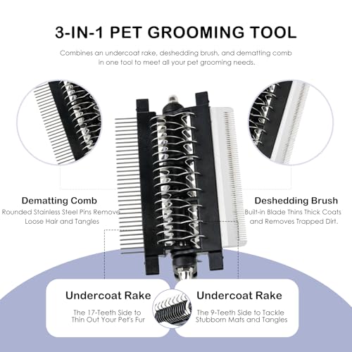 3-IN-1 Pet Deshedding and Grooming Tool, Grooming Brush for Dogs and Cats with Undercoat Rake & Dematting Comb for Matted ...