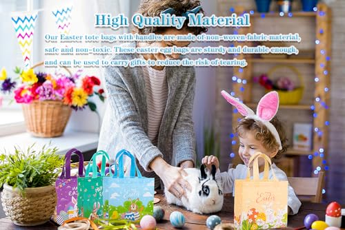 Jaywayang 4Pack Happy Easter Gift Bags, Easter Non-woven Bags with Handle for Kids, Reusable Goodie Bags, Rabbit Bunny Tre...