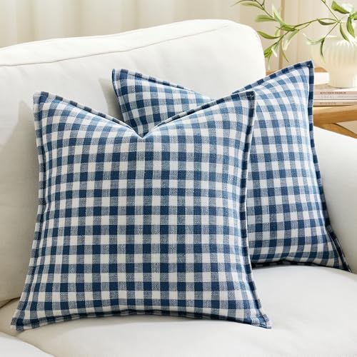 KINDREX Farmhouse Gingham Throw Pillow Covers 18x18 Set of 2, Small Checkered Linen-Textured Cushion Covers with Flanged E...