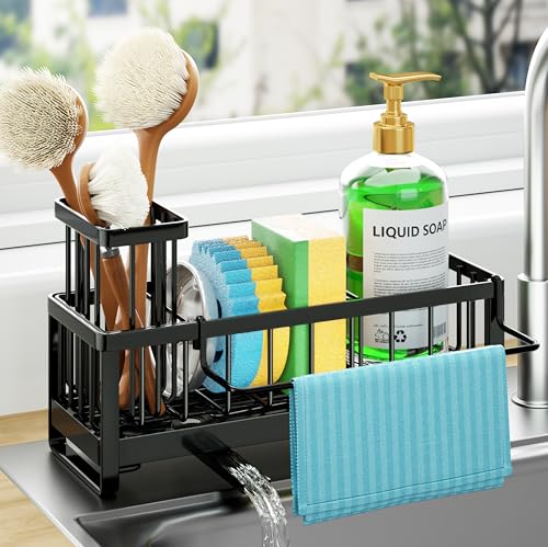 HapiRm Sponge Holder for Kitchen Sink - Self-draining Sink Caddy with Brush and Dishcloth Holders, Stainless Steel Kitchen...