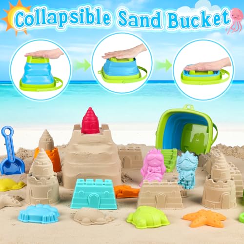 Collapsible Beach Toys for Kids Toddlers, Foldable Sand Bucket and Shovels Set with Mesh Bag & Sand Castle Building Kit, T...