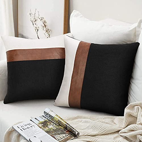 cygnus Set of 2 Faux Leather and Linen Throw Pillow Covers 22x22 Inch Black and White Modern Decorative Accent Cushion Cov...