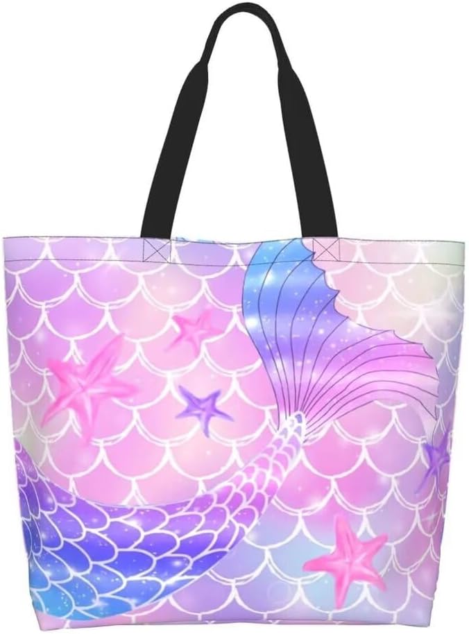 bositigo Pink Mermaid Gym Tote Bags for Women,Cute Ocean Mermaid Purse Print Shoulder Reusable Shopping Handbags Casual Tr...