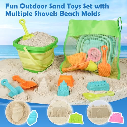 Dreamon Beach Toys for Kids 3-10, Collapsible Sand Toys Include 3 Pack Foldable Buckets with Mesh Bag, 24 PCS Beach Mold a...