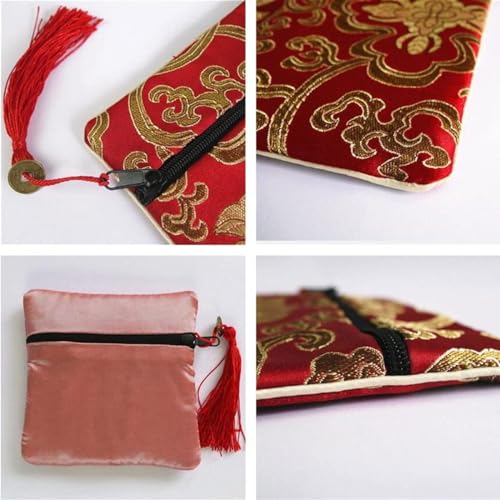 PINOWU 8pcs Silk Brocade Jewelry Bags with Zipper (11.5x11.5cm), Jewellery Silk Purse Pouch Gift Bags for Women Coins Trav...