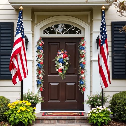 Egolot Patriotic Hydrangea Red White Blue Flower Garland Wreath for Front Door, Forth of July Independence Day Indoor Outd...