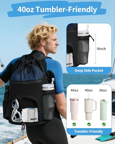 WANDF Swim Bag with Wet Pockets, Sandproof Beach Backpack with 40oz Tumbler Side Pockets, Mesh Drawstring Backpack Swim Ba...
