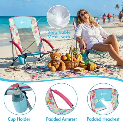 Portal Low Beach Chair for Adults - Heavy Duty 350 lbs Weight Capacity Folding Portable Sand Chair, Breathable Mesh Outdoo...