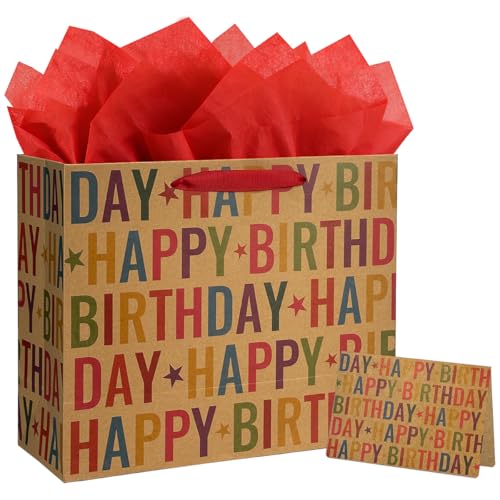 Yusenguan 13" Kraft Happy Birthday Gift Bag, Colorful Lettering & Star Design with Tissue Paper and Greeting Card, Sturdy ...