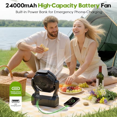 XZK 24000mAh Rechargeable Camping Tent Fan, 64H Runtime Battery Powered Portable Travel Fan with LED Light & Power Bank fo...
