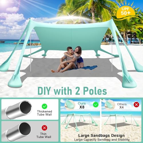 Ahititi Beach Tent Sun Shelter Beach Canopy Tent Sun Shade Pop Up 10x10 UPF50+ with 8 Sandbags-2 Sand Shovel-Portable 4 Al...