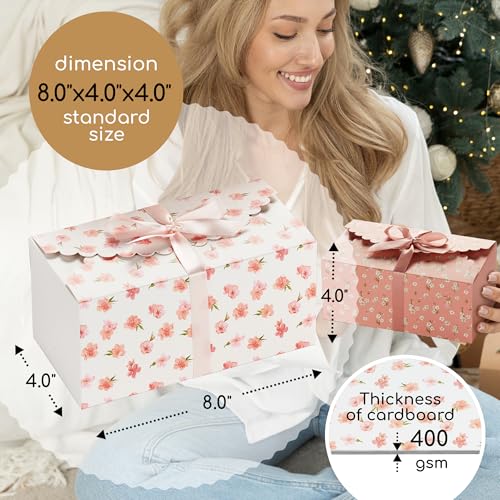 Floral Gift Boxes with Lids & Ribbons (20 Pack) 8” x 4” Cute Decorative Pastel Treat Boxes Empty for Small Presents, Cooki...