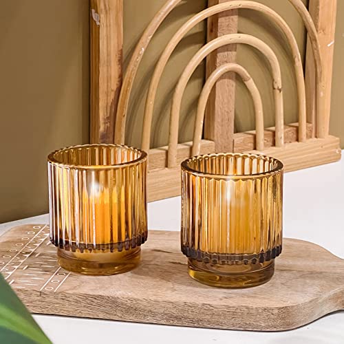 Kate Aspen Vintage Glass Tealight & Amber Votive Candle Holders (Set of 6) Rustic Fluted Candle Holder Set, Boho Home Deco...