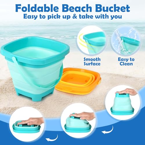 Dreamon Beach Toys for Kids 3-10, Collapsible Sand Toys Include 3 Pack Foldable Buckets with Mesh Bag, 24 PCS Beach Mold a...