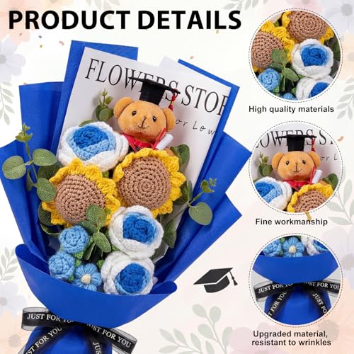 Norme Blue Graduation Crochet Flower Bouquet Gift Box, 2026 Grad Cap Bear Hand Knitted Rose Sunflower Bouquet Greeting Car...