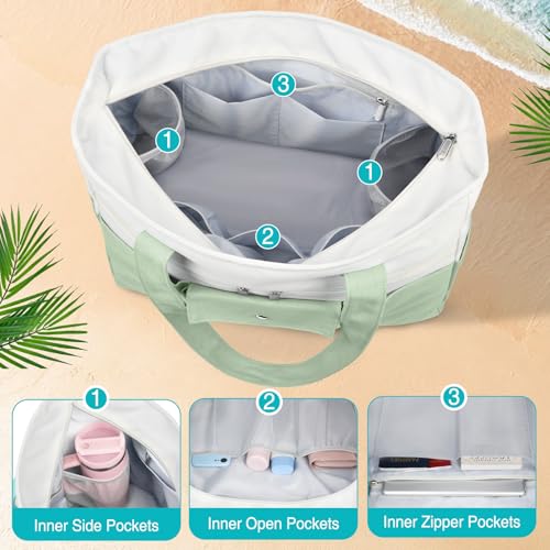 ZENTREON Beach Bags for Women Large Canvas Beach Tote with Zipper Wet Pocket, Waterproof Foldable Swim Pool Travel Tote Bags