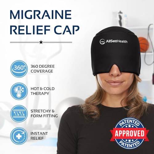 Migraine Relief Cap Ice Head Wrap and Hat | Hot/Cold Gel Pack with Face and Eye Mask Compress for Headache Relief - Black