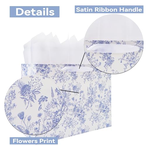 13'' Large Blue Floral Gift Bag Set with Handles, Greeting Card, White Tissue Papers and Stickers for Women Girls for Birt...