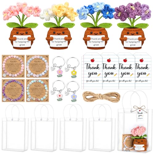 Wavwavw 4 Sets Teacher Appreciation Gifts Bulk Include Crochet Flower Dolls Thank You Crochet Gift Bracelets Keychains App...