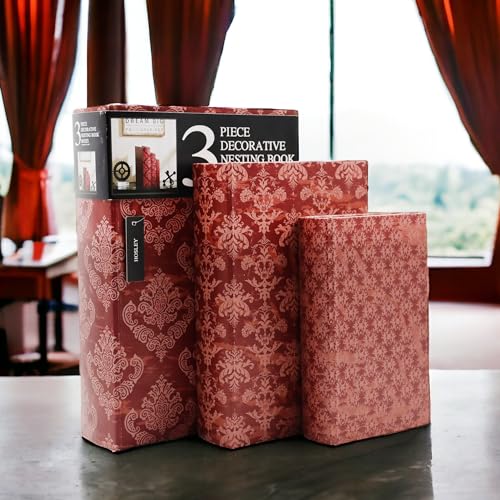 Hosley Farmhouse Memory Book Boxes Set of 3, Red Brown & Gold, Decorative Nesting Storage Boxes 12 10 8 Inch, Faux Leather...