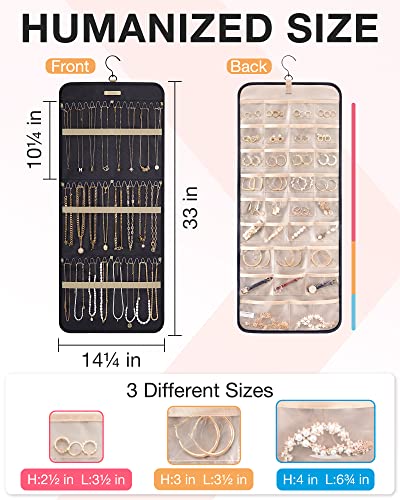 BAGSMART Hanging Jewelry Organizer Storage Roll with Hanger Metal Hooks Double-Sided Jewelry Holder for Earrings, Necklace...