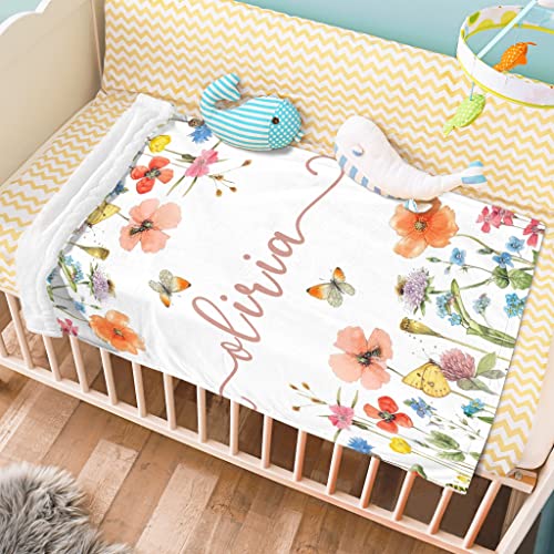 Lcyawer Personalized Swaddle Baby Blankets with Name Plants Flowers, Customized Floral Nursery Blanket for Girls, Newborn ...
