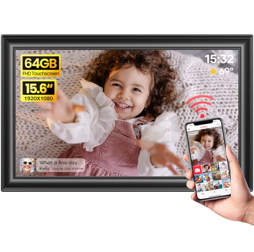 64GB 15.6" Frameo Digital Picture Frame WiFi, Large Electronic Photo Frames 1920 x 1080 IPS FHD Touch Screen, Send Photos ...