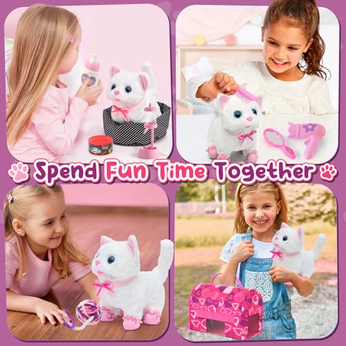 Golray Cat Toys for Kids Girls Gift, Electronic Interactive Plush Toy Cat Can Walk and Meow - 16 Pcs Carrier & Pet Groom F...
