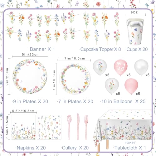 LINHAXM 175 PCS Spring Wildflower Party Decorations include Plates, Cups, Napkins, Cutlery, Cake Toppers, Banner, Tableclo...