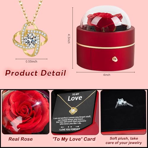Preserved Handmade Rose Box with Four Leaf Clover Necklace, Jewelry Boxes Poetry Roses Gifts for Women Her Mom Wife Girlfr...