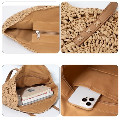Pleneal Straw Beach Bags for Women - Women Beach Handmade Woven Tote Bag, Summer Mesh Hollow Shoulder Bag for Holiday