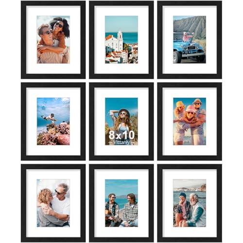 Vittanly 8x10 Picture Frames Set of 9, Shatter Resistant Plexiglass, Display 5x7 Pictures with Mat or 8x10 without Mat, Ph...