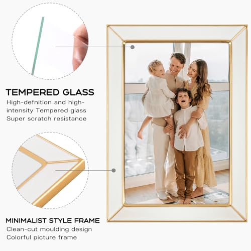 Frametory Enamel Picture Frame - 4x6 Gold Metal Edge White Enamel Picture Frame With Easel and Velvet Back for Tabletop Di...