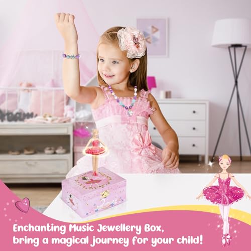 Taduoduo Girls' Musical Jewelry Box Organizer with Jewelry Set - glittering pink Spinning Ballerina Theme, Swan Lake Tune...