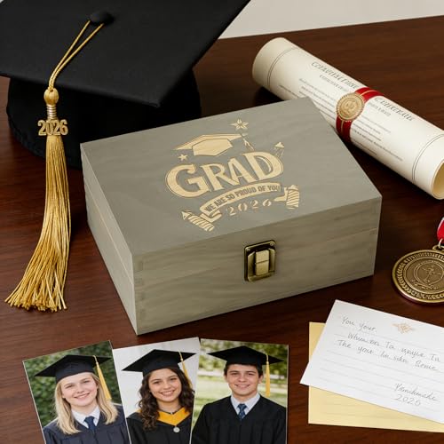 REMEIT Graduation Keepsake Box - Engraved Grad 2026 Wood Memory Box Congrats Grad Gift for Him Her, Perfect for Storing Gr...