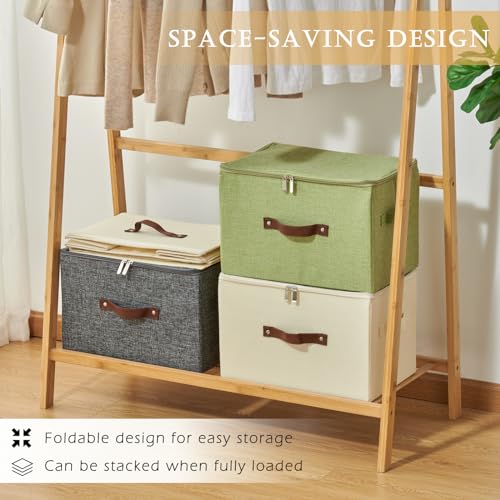 VinneGenzz Storage Bins with Zipper Lid Cotton Linen Fabric Lidded Storage Baskets Boxes Foldable Washable Closet Shelf Cl...