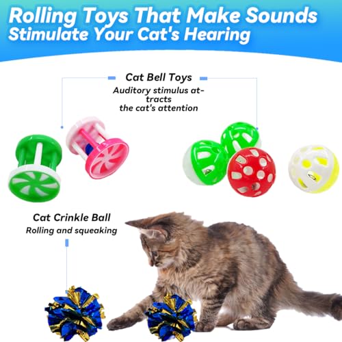 QUVOVID Cat Toys 27 Packs Combo Set, Cat Catnip Fish and Ball Toy, Cat Bell Balls Crinkle Balls, Cat Spring Toys, Plush Mi...