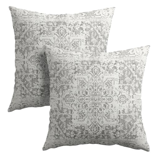 Boho Throw Pillow Covers 20X20 Inches Set of 2 Grey and White Ethnic Design Pillowcase Soft Cotton Linen Square Carpet Pat...