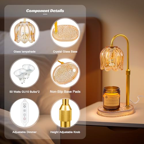 Shang Chiang Petal Candle Warmer Lamp with Timer & Dimmable Light Champagne Gold - Adjustable Height Jar Melter on Crystal...