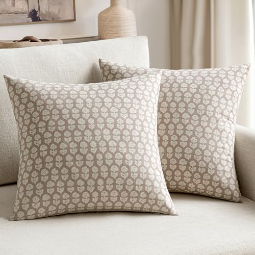 MIULEE Block Print Pillow Covers 20x20 Inch Set of 2, Vintage Floral Throw Pillow Cases Neutral Linen Farmhouse Cushion Co...