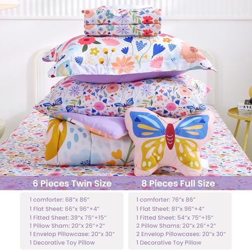 Mooreeke Full Size Comforter Sets for Girls Kids, 8 Pieces Bed in a Bag Purple Floral Butterfly Bedding Comforter Sheet Se...